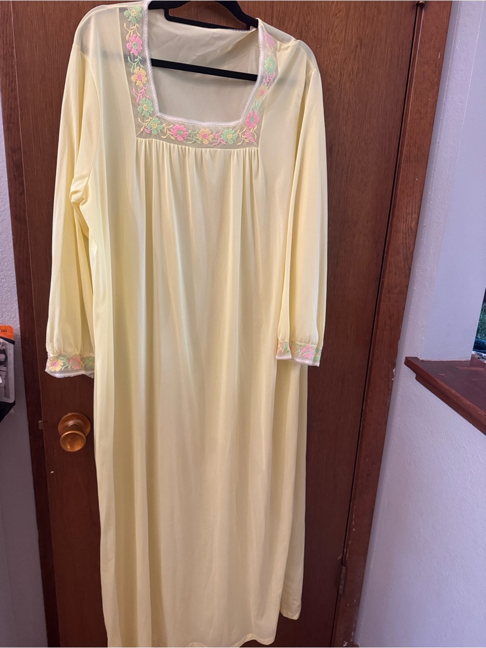 Sears Pale Yellow Embroidered Square-Neck Long Nightgown